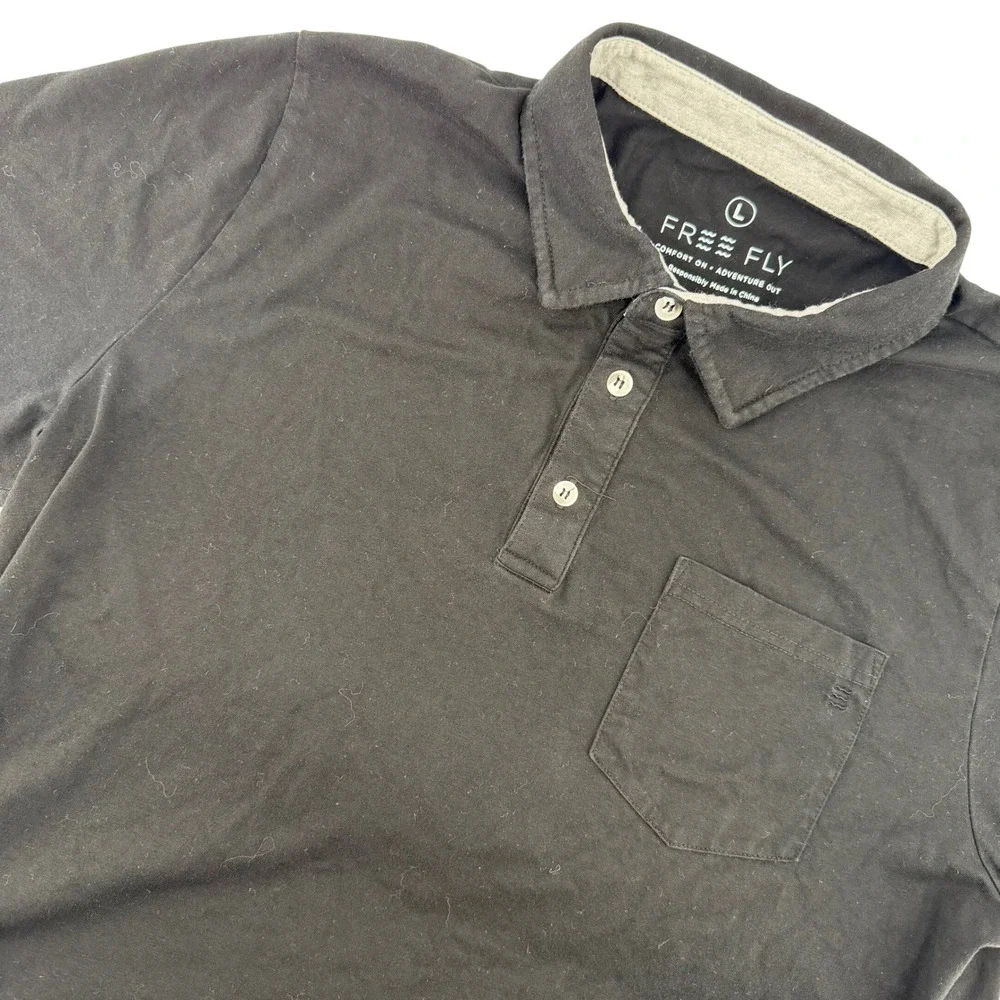 Free Fly Mens Black Short Sleeve Polo Shirt Size L Comfort Bamboo Outdoor Casual